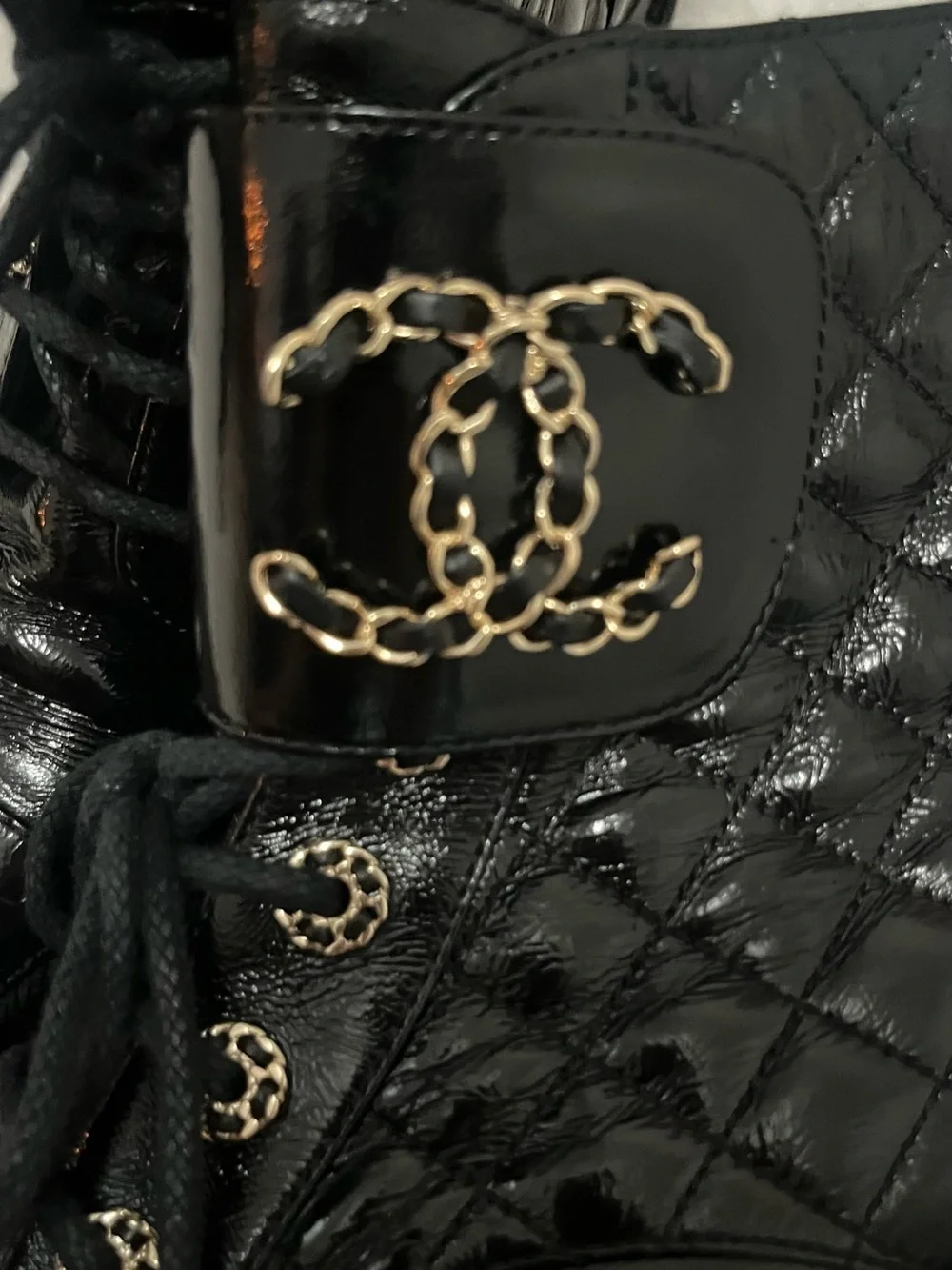 CHANEL Black Quilted Patent Lace-Up Ankle Boots with Gold CC 100% authentic
